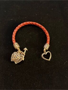 Red Braided Leather Heart Charm Bracelet - Unbranded